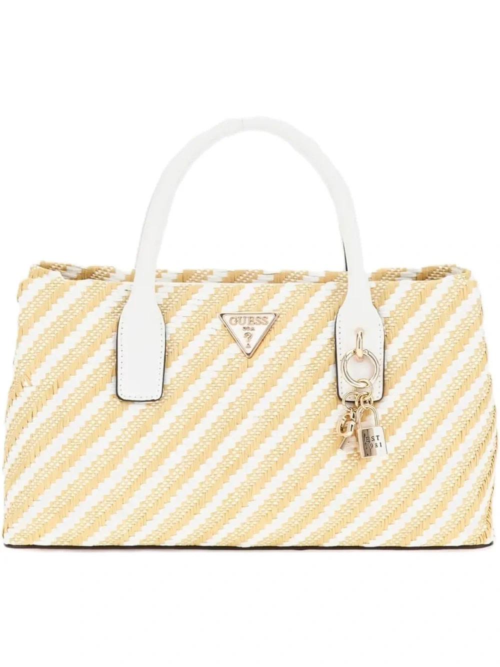 GUESS White & Beige Diagonal-Stripes Satchel with Gold Hardware